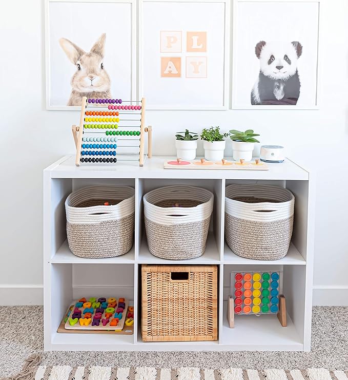 OrganiHaus Rope Baskets for Shelves - Set of 3 Woven Storage Baskets for Organizing, Closet & Toy Storage - Brown/Off-White - 15x9x10