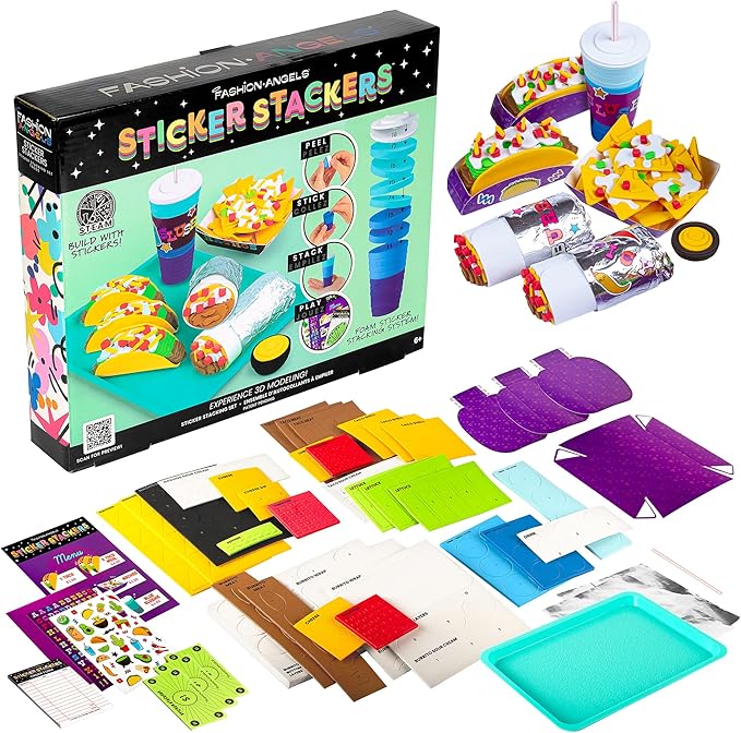 Fashion Angels Tacos and Burritos Sticker Stackers, Foam Sticker Stacking Set with 3D Modeling, Includes Play & Pretend Food Stackable Stickers, Craft Activity Kit for Kids