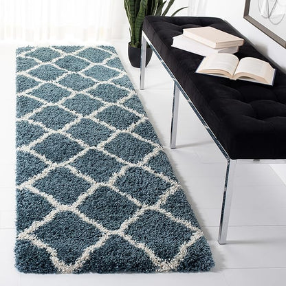 SAFAVIEH Hudson Shag Collection Runner Rug - 2'3" x 8', Slate Blue & Ivory, Moroccan Trellis, Non-Shedding & Easy Care, 2-inch Thick Ideal for High Traffic Areas in Living Room, Bedroom (SGH283L)