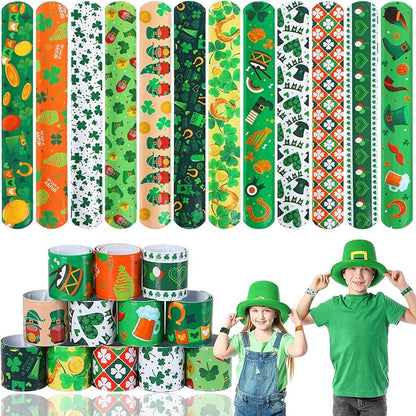 JUNEBRUSHS St. Patrick's Day Slap Bracelets, 56 Pack Saint Patricks Party Favors for Kids Shamrock Slap Bands Irish Clover Wristbands Snap Bracelets Bulk for Boys Girls Birthday Gifts Party Supplies