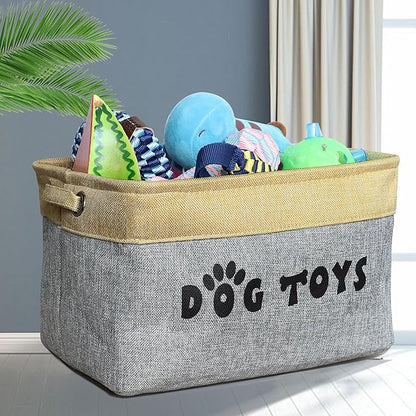 PET ARTIST Dog Toy Basket, Collapsible Dog Toy Bin Box with Comfortable Handles, Large Pet Toy Storage Basket Organizer for Accessories, Toys, Coat & Clothing, Blanket & Leash, Gray, 15"x11"x9"