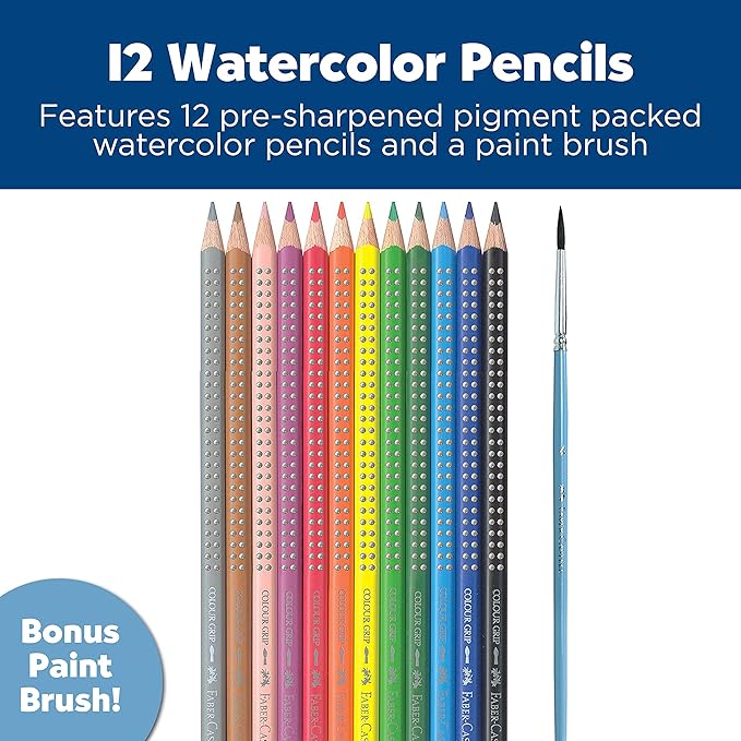 Faber-Castell Grip Watercolor EcoPencils: 12 Watercolor Pencils with Brush, Watercolor and Colored Pencil Set, Art Supplies for Kids