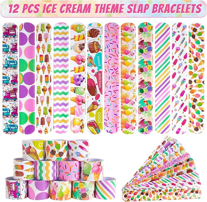 Erweicet Ice Cream Party Favors 72 PCS Ice Cream Slap Bracelets Pen DIY Stickers Straws Tattoo Stickers Gift Bags for Kids Girls Ice Cream Theme Birthday Party Gift Giving Sweet Summer Baby Shower