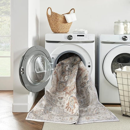 Nourison Astra Machine Washable Traditional Grey/Multi 3'3" x 5' Area Rug, Easy Cleaning, Non Shedding, Bed Room, Living Room, Dining Room, Kitchen (3x5)