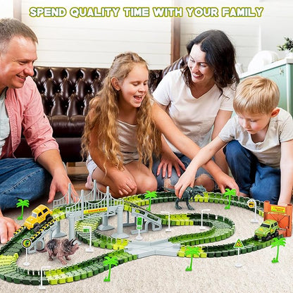 Dinosaur Tracks, 271 PCS Create A Dinosaur World Road Race for Kids Boys Toys Flexible Train Tracks Set with 2 Cool Race Cars and 2 Dinosaur Toys for Age 3 4 5 6 7 8 Year & Up Old Boy Girls Best Gift