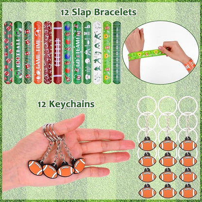 110 Pcs Football Party Favors for Kids 12 Sets Football Party Supplies Drawstring Bag Backpack with Keychains Mini Football Stress Balls Goodie Bag Stickers Toy Presents Gift Set Slaps Bracelets