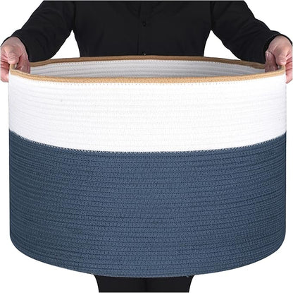 MINTWOOD Design Extra Large 22 x 14 Inches Decorative Woven Cotton Rope Blanket Storage Basket Bin Living Room and Laundry Hamper for Pillows, Pool Towels, Dog Toys, Shoes, Prussian Blue