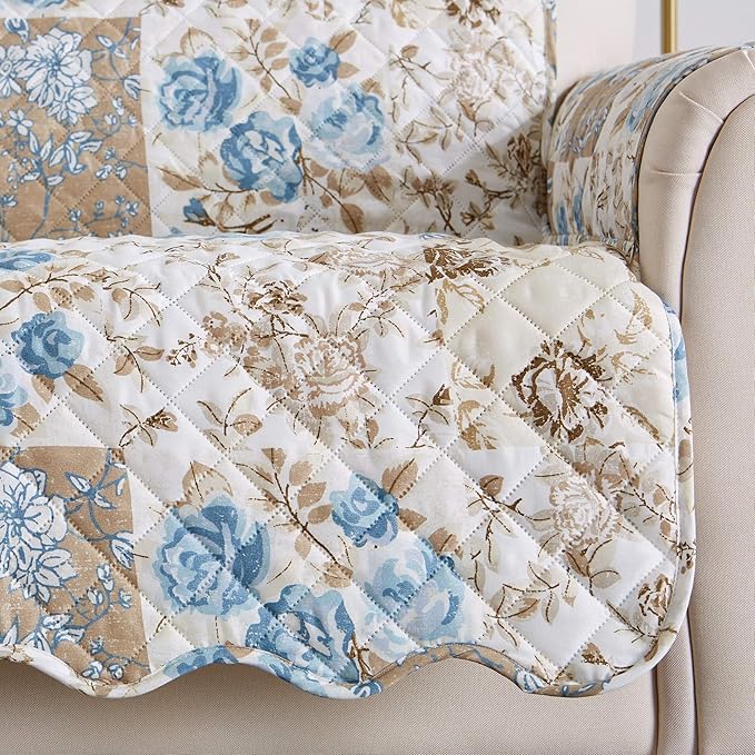 Great Bay Home Reversible Floral Patchwork Furniture Protector Scalloped Edge Stain Resistant Printed Furniture Protector Maribel Collection (Loveseat, Taupe/Blue)