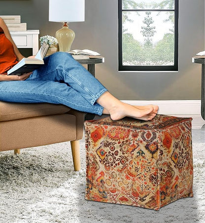 COTTON CRAFT Printed Pouf - Ottoman Foot Stool Bean Bag - Dorm Kids Room Bedroom Home Décor Accent Seating - Boho Modern Comfortable Prefilled Cotton Square Pouf Footrest - 17x17x17 inch - Coral Multi