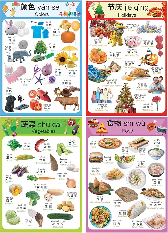 N/A/ Chinese Learning 10-Poster Set for Kids. Montessori-Inspired. Bilingual with Simplified Chinese, English, and Pinyin.