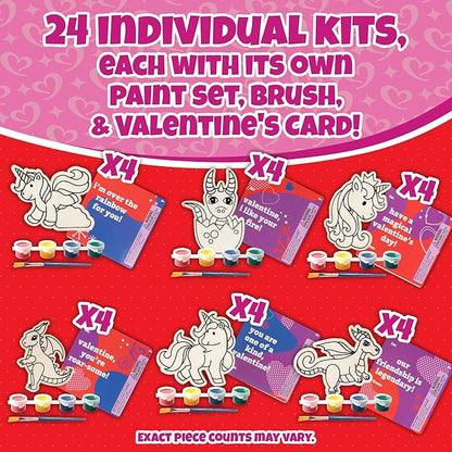 Set of 24 Valentines Cards for Kids Classroom - Valentine's Day Unicorn &Dragon Wood Painting Kits for Kids School -Each Valentines Gift Has Complete Craft Kit & Card for Boys Girls Classroom Exchange