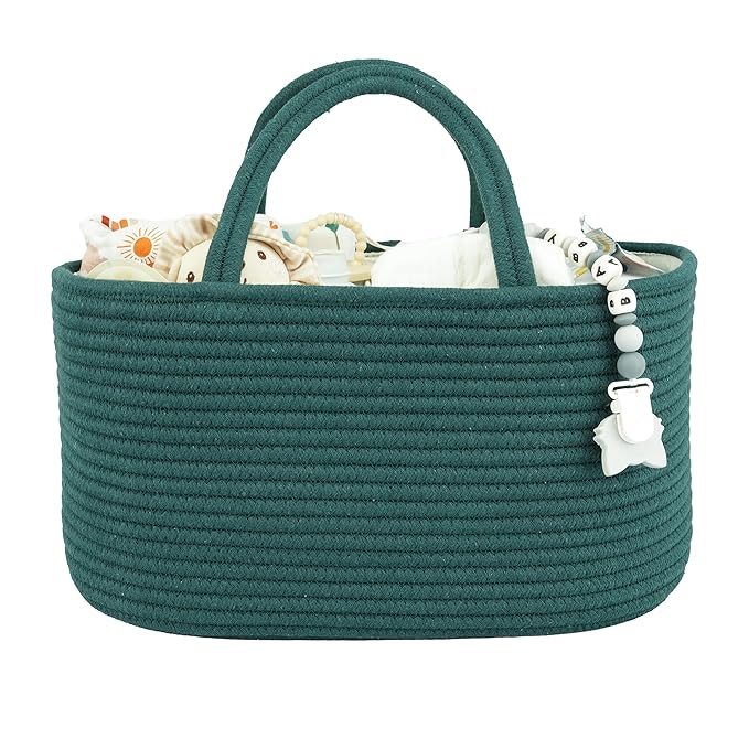 XUANGUO Large Baby Diaper Caddy Organizer for Girl Boy Rope Nursery Storage Bin Basket Portable Holder Tote Bag for Changing Table Car Travel Baby Shower Gifts basket dark green