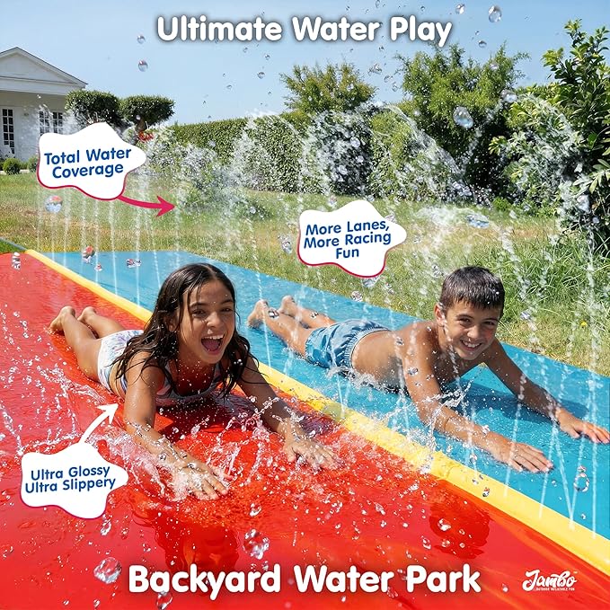 JAMBO Premium 18Ft Budget Slip Splash and Slide, Heavy Duty Water Slide with Advanced Sprinkler System, Backyard Waterslide, Splash Mat, Outdoor Water Toys n Slides for Kids
