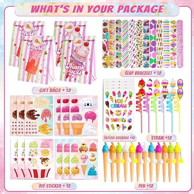 Erweicet Ice Cream Party Favors 72 PCS Ice Cream Slap Bracelets Pen DIY Stickers Straws Tattoo Stickers Gift Bags for Kids Girls Ice Cream Theme Birthday Party Gift Giving Sweet Summer Baby Shower