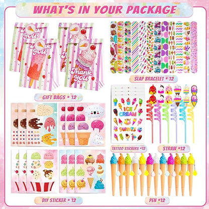 Erweicet Ice Cream Party Favors 72 PCS Ice Cream Slap Bracelets Pen DIY Stickers Straws Tattoo Stickers Gift Bags for Kids Girls Ice Cream Theme Birthday Party Gift Giving Sweet Summer Baby Shower