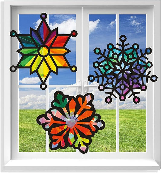 VHALE Suncatchers Craft 3 Sets (9 Cutouts) w Tissue Papers Stained Glass Effect Paper Sun Catcher Kit, Window Art, Classroom Crafts, Creative Art Projects, Kids Party Favors (Snowflake)