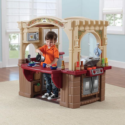 Step2 Grand Walk-In Kitchen & Grill Kids Playset, Indoor/Outdoor Kitchenette, Interactive Play with Lights and Sounds, Durable Plastic, 103 Piece Toy Accessories, Toddlers 2+ Years Old, Brown/Tan