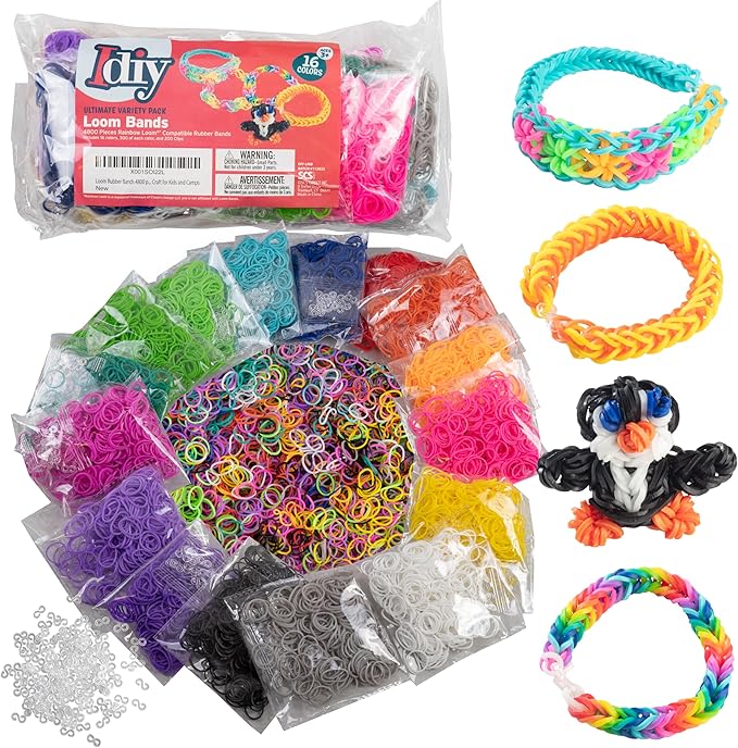 Loom Rubber Bands 4800 pc Refill Kit w 16 Unique Rainbow Colors (300 of Each) & 200 Clips - Works w All Rubber Band Jewelry Looms - DIY Gift for Girls Boys & Bracelet Making Craft for Kids and Camps