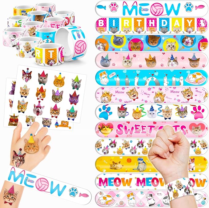 48PCS Cat Party Favors - 24PCS Tattoos & 24PCS Slap Bracelets - Kitty-Themed Birthday Supplies, Cute Decorations, Classroom Prizes, Gifts for Boys & Girls