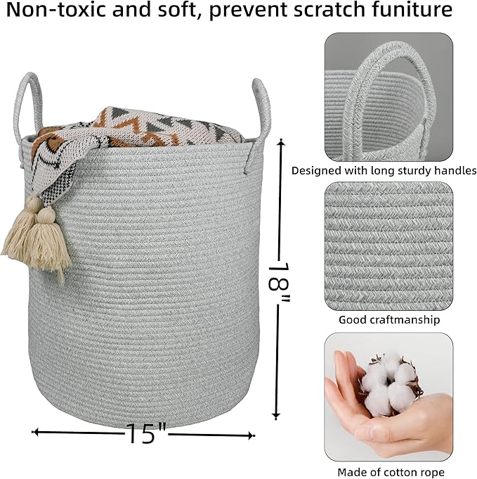 XUANGUO Cotton Rope Laundry Basket Hamper for Clothes Woven Storage Basket for Living Room Bedroom Boho Tall Rope Baskets for Blanket Toys Pillow Towels Baby Nursery Hamper Bin Large light grey