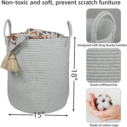 XUANGUO Cotton Rope Laundry Basket Hamper for Clothes Woven Storage Basket for Living Room Bedroom Boho Tall Rope Baskets for Blanket Toys Pillow Towels Baby Nursery Hamper Bin Large light grey