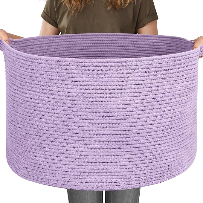 MEGASKET 115L Extra Large Purple Storage Basket, 23.6" X 15.7" Jumbo Woven Cotton Rope Bin for Throw Blankets Pillows, Baby Laundry Basket, Dirty Clothes Organizer, Big Storage Box for Toys, Towels