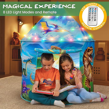W&O Dino Paradise Play Tent with Roar Button, Dinosaur Toys and LED Lights - Epic Pop Up Tent for Boys & Girls - Perfect for Indoor & Outdoor Adventures