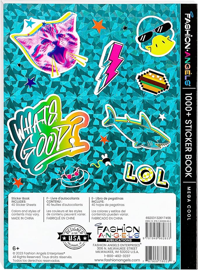 Fashion Angels 1000+ Mega Cool Stickers for Kids - Fun Craft Stickers for Scrapbooks, Planners, Gifts and Rewards, 40-Page Sticker Book for Kids Ages 6+ and Up