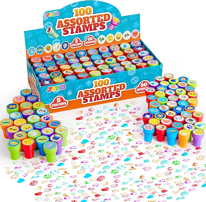 JOYIN 100PCS Assorted Stamps for Kids Self-Ink for Party Favor, Teacher Stamps, Kids Treasure Box, Prize for Classroom, Easter Egg Stuffers (50 Designs, Dinosaur, Halloween Stampers)