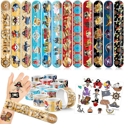 48PCS Pirate Party Favors - 24PCS Tattoos & 24PCS Slap Bracelets - Pirate-Themed Birthday Supplies, Treasure Hunt Decorations, Classroom Prizes, Gifts for Boys & Girls