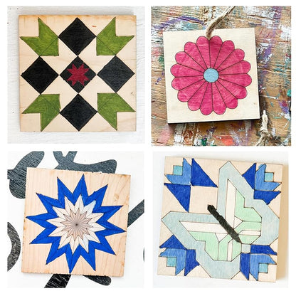 Set of Four 9 Inch Barn Quilt Kit DIY Pattern Unfinished Wood Quilting Block Sign Paintable Crafts for Women, Children, Men, Party (Butterfly, Patchwork Star, Dresden Flower, Starburst) AVTRBoutique