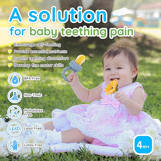 Baby Fruit Food Feeder & Mini Popsicle Ice Tray Set, BPA Free Silicone Baby Feeder for Safe Solid Food Feeding, Breastmilk Popsicle Molds for Cooling Relief, 4 Month+ (Spring)