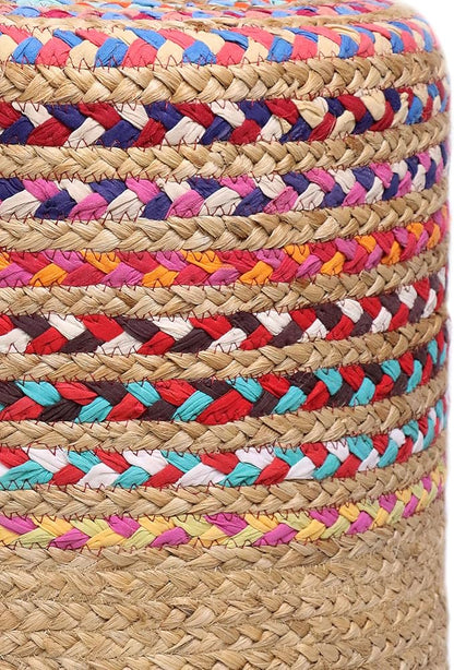 COTTON CRAFT Jute Chindi Pouf – Cylindrical Jute Cotton Braided Ottoman - Moroccan Boho Kilim Foot Stool - Bedroom Family Room Accent Seating – Footrest - Rustic Decor Round Pouf – 15 diax16 H- Multi