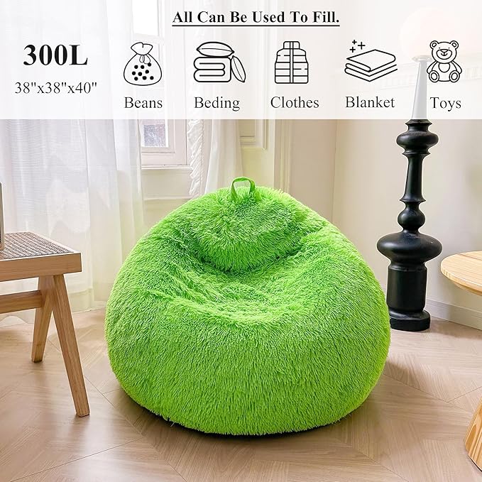 XeGe Fluffy Stuffed Animal Storage Bean Bag Chair Cover(No Filler), Faux Fur Washable Soft Bean Bag Cover for Plush Toys or Textile, Plush Shaggy Large Bean Bag for Adults Kids Teens, Lime Green