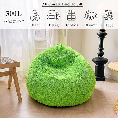 XeGe Fluffy Stuffed Animal Storage Bean Bag Chair Cover(No Filler), Faux Fur Washable Soft Bean Bag Cover for Plush Toys or Textile, Plush Shaggy Large Bean Bag for Adults Kids Teens, Lime Green