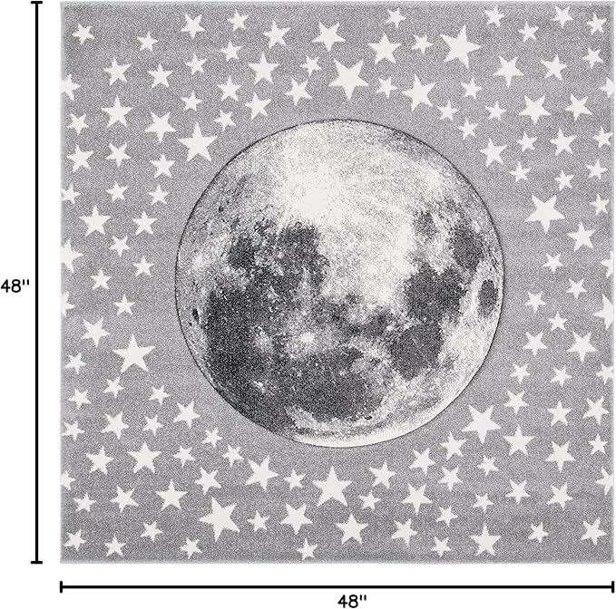 SAFAVIEH Carousel Kids Collection 4' Square Light Grey/White CRK135F Moon and Stars Non-Shedding Nursery Playroom Area Rug