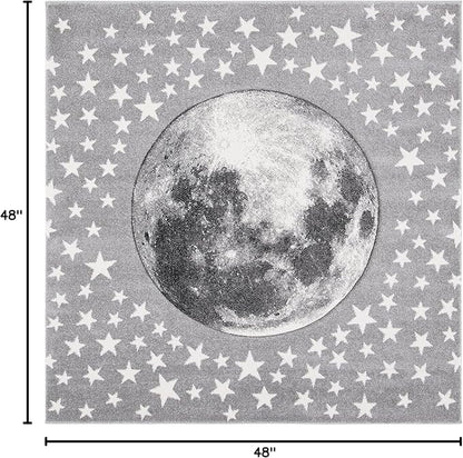 SAFAVIEH Carousel Kids Collection 4' Square Light Grey/White CRK135F Moon and Stars Non-Shedding Nursery Playroom Area Rug