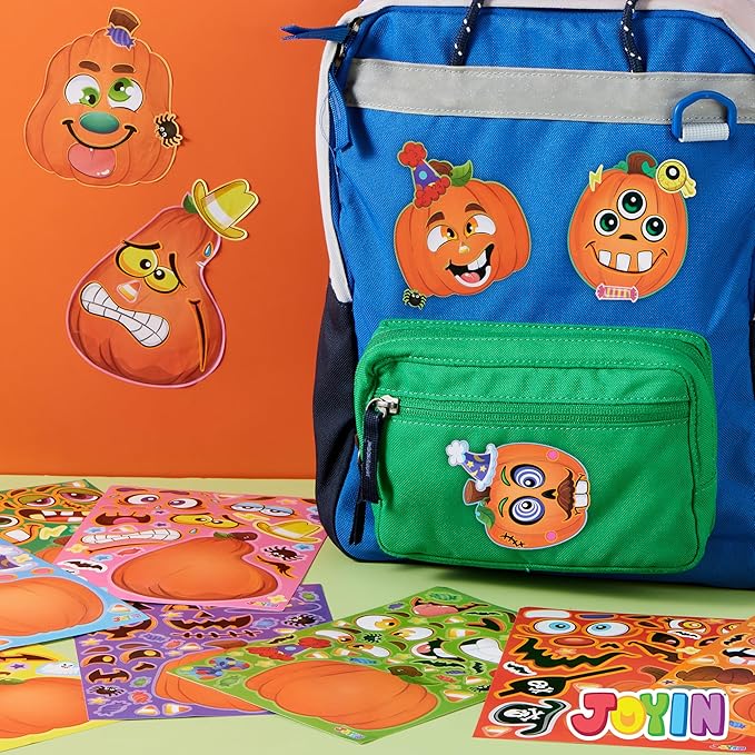 JOYIN 24 Pcs Halloween Pumpkin Decorating Stickers, Party Favor for Kids, Halloween Art Crafts Party Supplies, Pumpkin Face Sticker with 8 Designs, Halloween Treats Classroom Activities Games