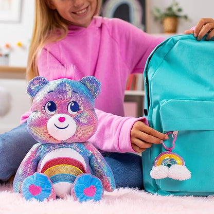 Care Bears Sequin Plush, Cheer Bear Plushie for Ages 4+ Perfect Stuffed Animal, Super Soft and Cuddly – Good for Girls and Boys, Employees, Collectors, Great Valentines Day Gift for Kids