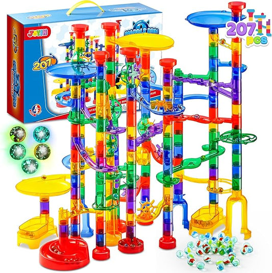 JOYIN 207Pcs Glowing Marble Run, Construction Building Blocks Toys with 5 Glow in The Dark Glass Marbles, STEM Toy for Boys and Girls, Educational Toy(147 Plastic Pieces + 60 Glass Marbles)