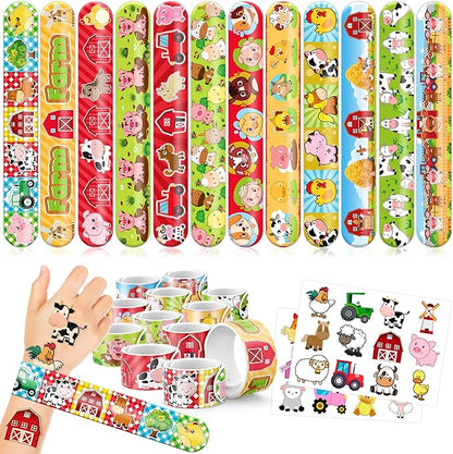 48PCS Farm Animal Party Favors - 24PCS Tattoos & 24PCS Slap Bracelets - Barnyard Birthday Supplies, Cow & Tractor Decorations, Gifts for Girls & Boys