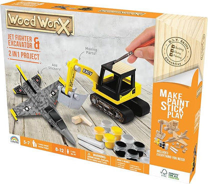 Goliath Wood Worx 2-in-1 Jet Fighter Project & Excavator Project - Make, Paint, Stick, Play - Wood Craft Kit