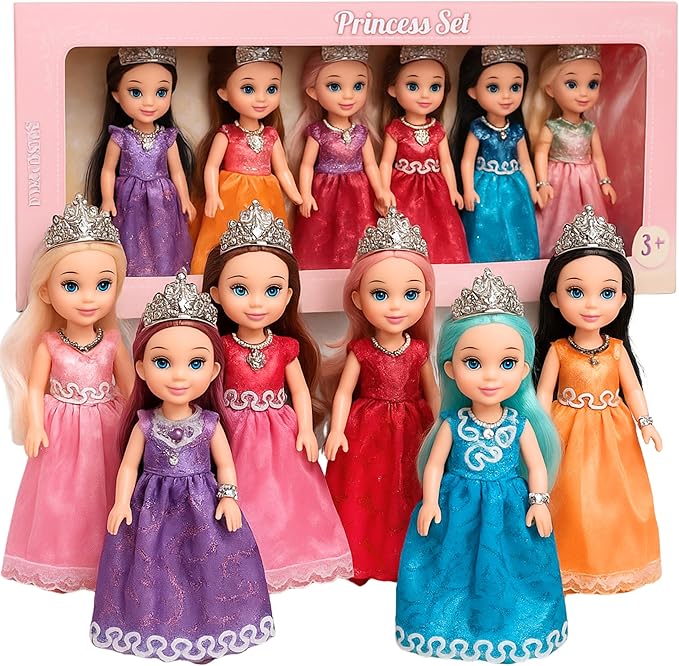 TOMLEON Princess Dolls Playset – 6 Mini Princess Dolls with Colorful Gowns, Crowns & Jewelry – Fantasy Role Play Set for Kids with Elegant Dresses, Accessories & Royal-Themed Box – Gift for Ages 3+