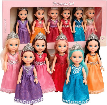 TOMLEON Princess Dolls Playset – 6 Mini Princess Dolls with Colorful Gowns, Crowns & Jewelry – Fantasy Role Play Set for Kids with Elegant Dresses, Accessories & Royal-Themed Box – Gift for Ages 3+