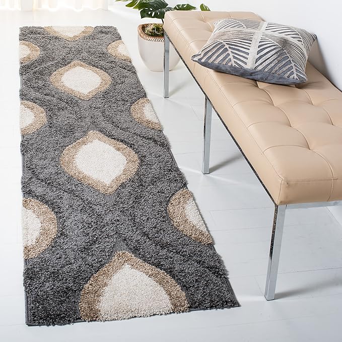 SAFAVIEH Florida Shag Collection Runner Rug - 2'3" x 9', Grey & Ivory, Modern Ogee Design, Non-Shedding & Easy Care, 1.2-inch Thick Ideal for High Traffic Areas in Living Room, Bedroom (SG461-8012)