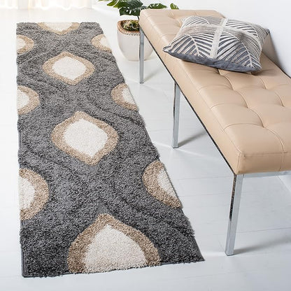 SAFAVIEH Florida Shag Collection Runner Rug - 2'3" x 9', Grey & Ivory, Modern Ogee Design, Non-Shedding & Easy Care, 1.2-inch Thick Ideal for High Traffic Areas in Living Room, Bedroom (SG461-8012)