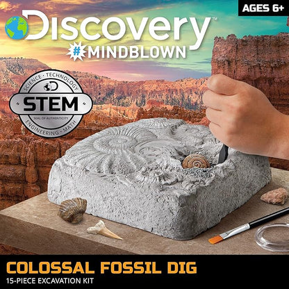 Discovery #MINDBLOWN Colossal Fossil Dig Set, 15-Piece Archeology Excavation Kit, Uncover Real Shark Teeth & More, Every Fossil Set is Unique, STEM Toys for Boys and Girls
