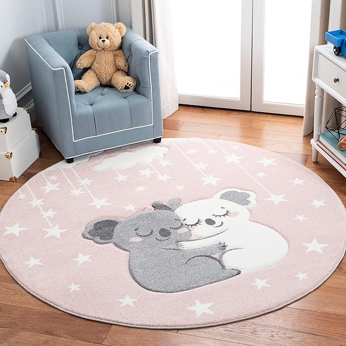 SAFAVIEH Carousel Kids Collection Area Rug - 8' Round, Pink & White, Koala Design, Non-Shedding & Easy Care, Ideal for High Traffic Areas for Boys & Girls in Playroom, Nursery, Bedroom (CRK195U)