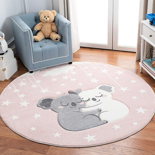 SAFAVIEH Carousel Kids Collection 6'7" Round Pink/White CRK195U Koala Hug Non-Shedding Nursery Playroom Area Rug