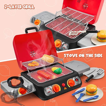 Kids BBQ Grill Playset, Kitchen Toy Set with Pretend Smoke, Light, Sound & Color-Changing Food, Play Kitchen Accessories, Indoor Outdoor Cooking Toy for Boys Girls Kids
